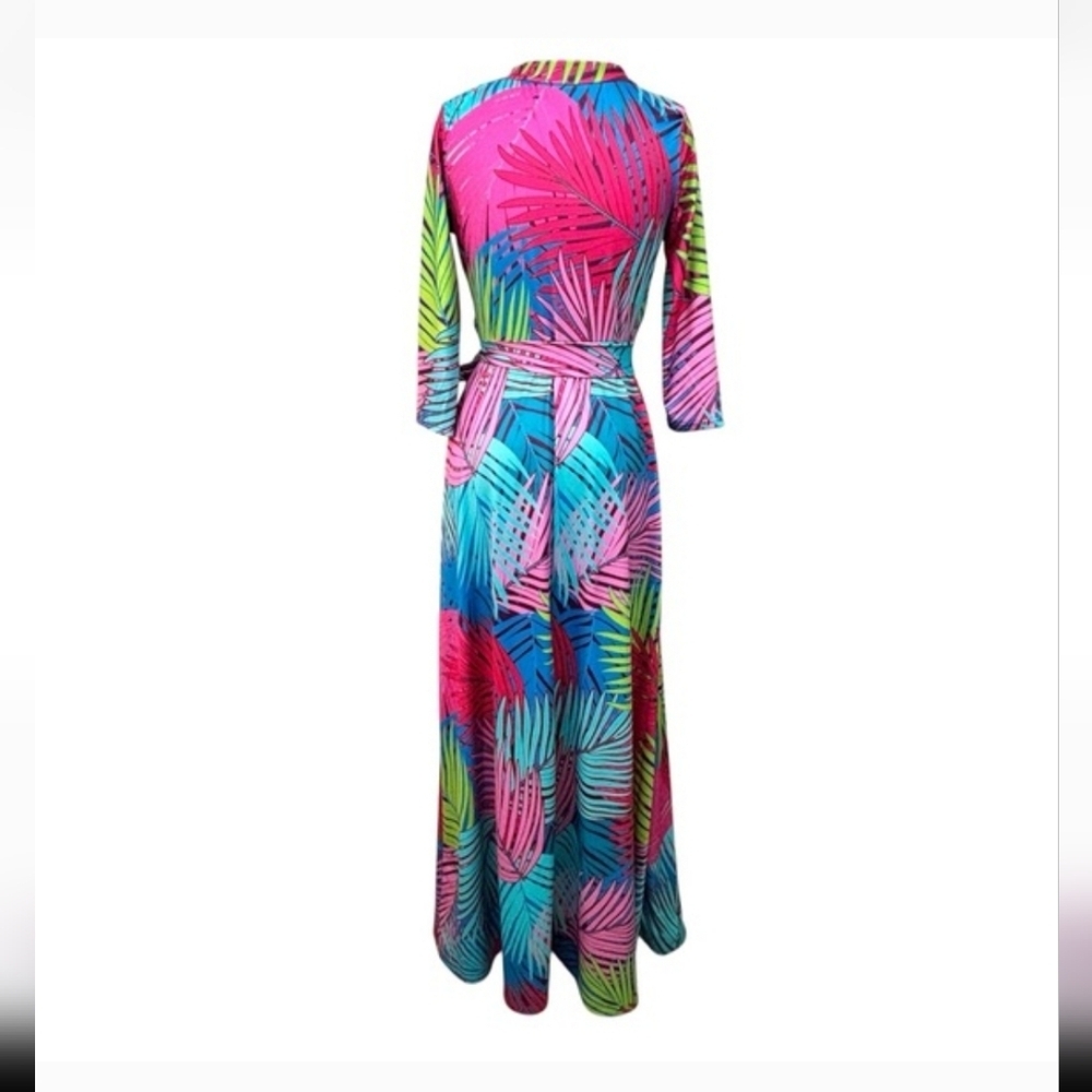 Tropical Women's Multicolor Palm Print Faux Wrap Maxi Dress Size M. - Picture 3 of 13